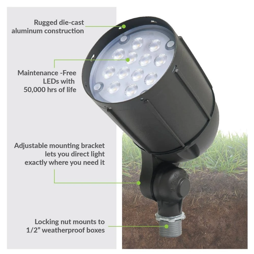 12W Line Voltage Bronze Integrated Outdoor LED Bullet Flood Light and Adjustable Mounting Bracket for Landscape Lighting by Commercial Electric - Image 8