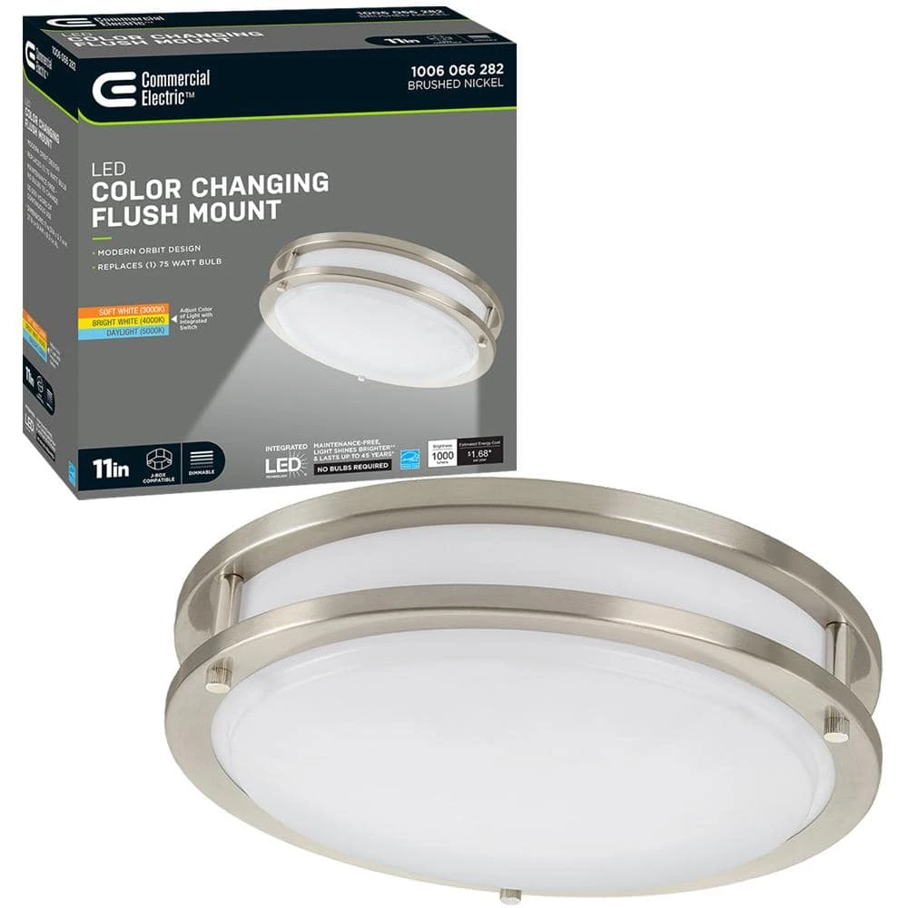 11 in. Orbit Round Brushed Nickel Color Selectable LED Flush Mount Ceiling Light 1000 Lumens Dimmable by Commercial Electric