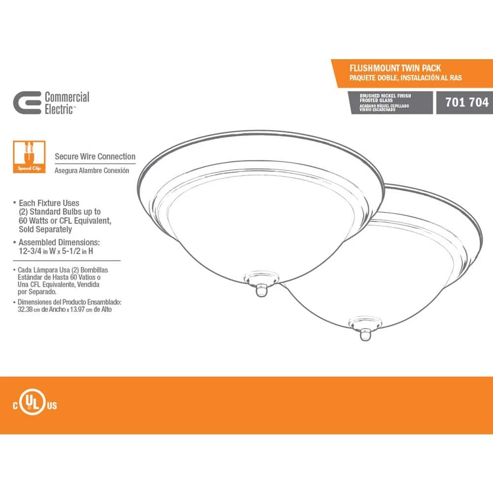 13 in. 2-Light Brushed Nickel Flush Mount with Frosted Glass Shade (2-Pack) by Commercial Electric - Image 11