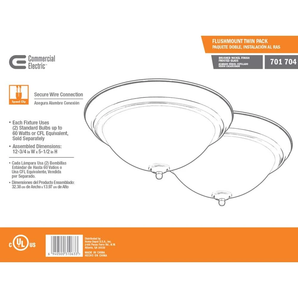 13 in. 2-Light Brushed Nickel Flush Mount with Frosted Glass Shade (2-Pack) by Commercial Electric - Image 13