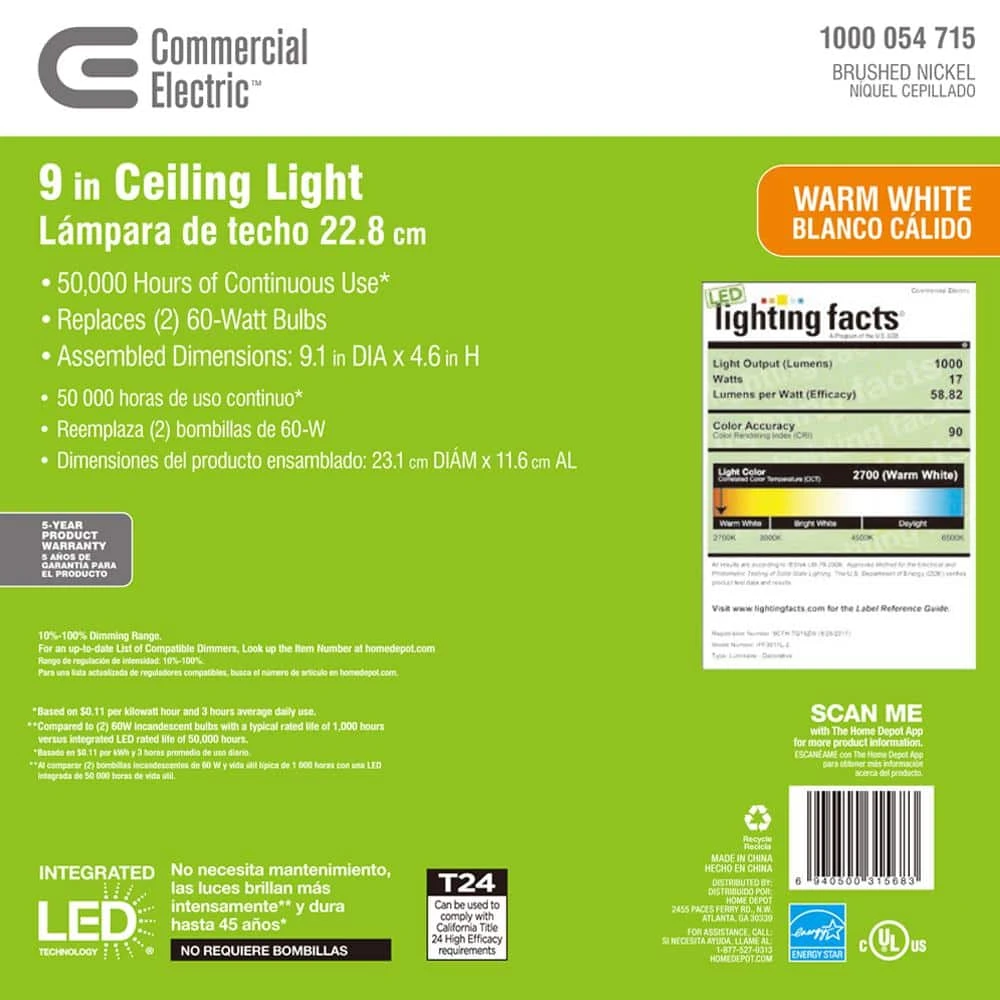 9 in. 120-Watt Equivalent Brushed Nickel Integrated LED Mushroom Flush Mount with White Acrylic Shade by Commercial Electric - Image 10