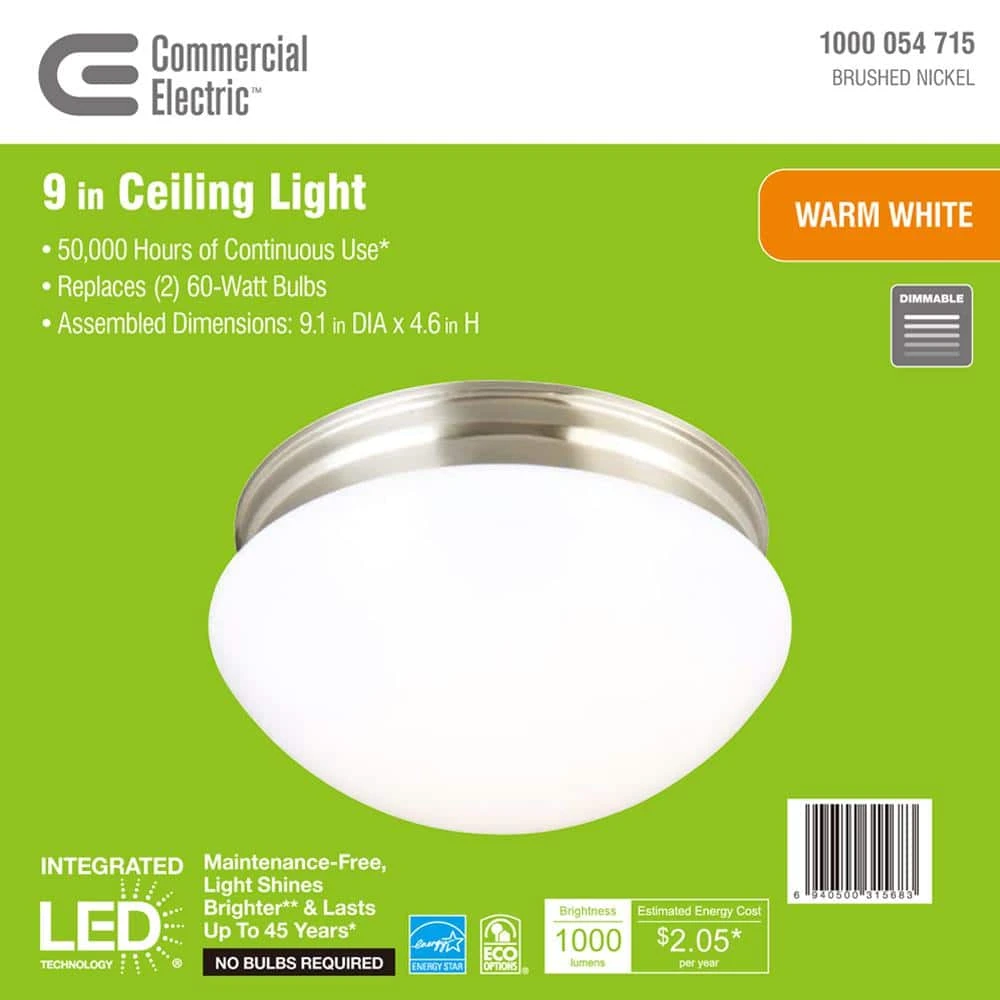 9 in. 120-Watt Equivalent Brushed Nickel Integrated LED Mushroom Flush Mount with White Acrylic Shade by Commercial Electric - Image 9
