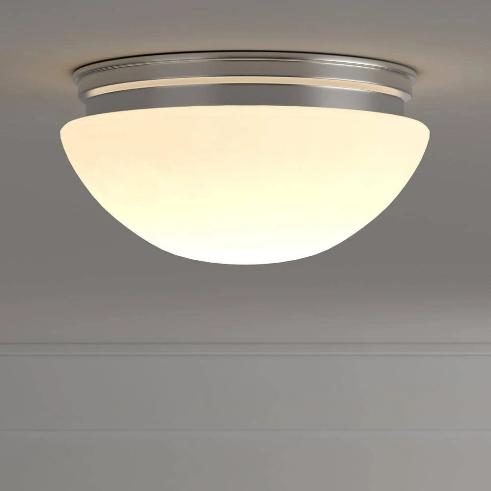 9 in. 120-Watt Equivalent Brushed Nickel Integrated LED Mushroom Flush Mount with White Acrylic Shade by Commercial Electric - Image 2