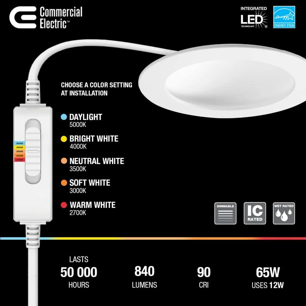 Ultra-Low Glare 6 in. Color Selectable New Construction and Remodel Canless Recessed Integrated LED Kit by Commercial Electric - Image 2
