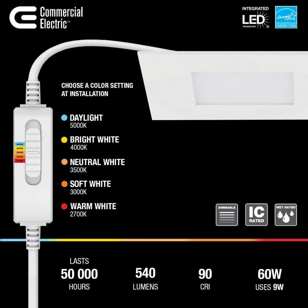 Ultra Slim Square 4 in. Color Selectable New Construction and Remodel Canless Recessed Integrated LED Kit by Commercial Electric - Image 2