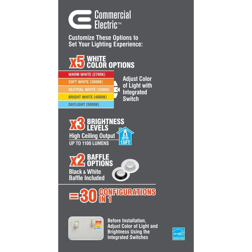 6 in. Selectable Integrated LED Recessed Trim Downlight 30 Configurations in One Fixture High Ceiling Output Dimmable by Commercial Electric - Image 3