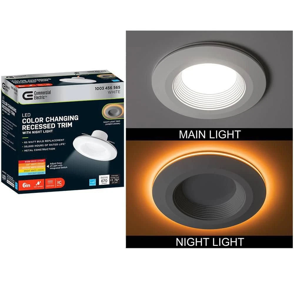6 in. Selectable CCT Integrated LED Recessed Light Trim with Night Light Feature 670 Lumens 11-Watt Dimmable by Commercial Electric