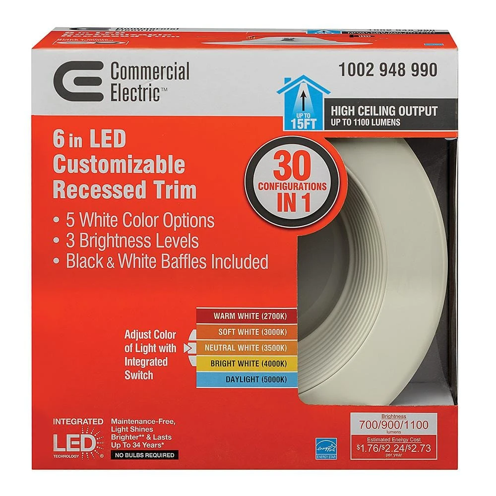 6 in. Selectable Integrated LED Recessed Trim Downlight 30 Configurations in 1 Fixture High Ceiling Output T20 Compliant by Commercial Electric - Image 12