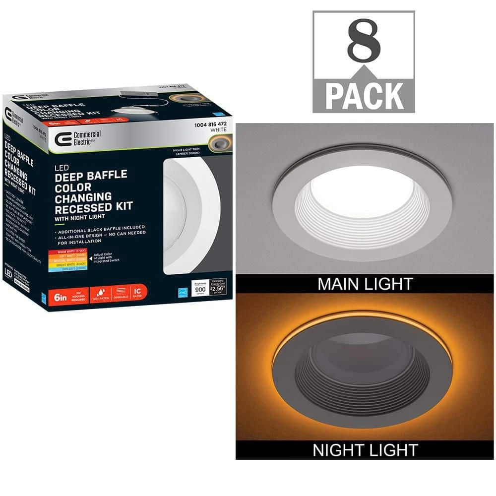 6 in. Canless Color Selectable Integrated LED Recessed Light Trim w/ Night Light Reduces Eye Glare 900 Lumens (8-Pack) by Commercial Electric