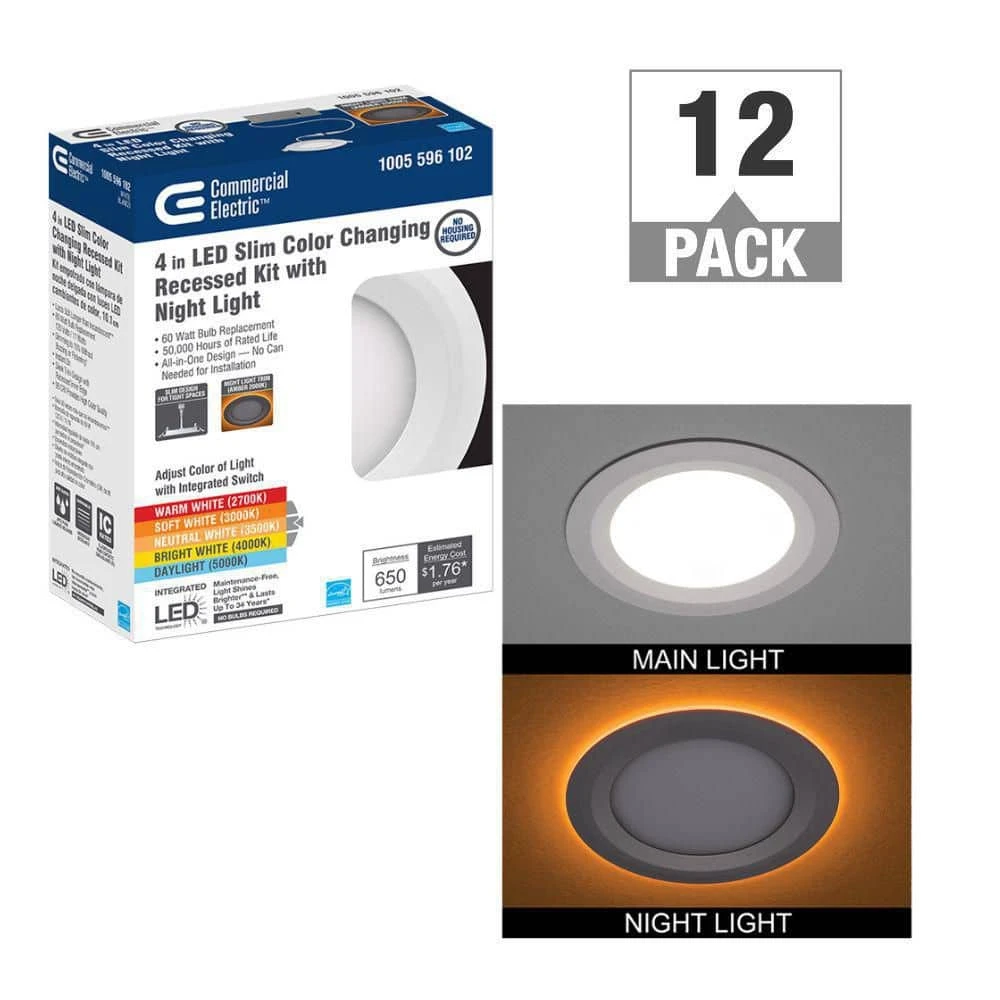 Ultra Slim 4 in. Color Selectable CCT Canless Integrated LED Recessed Light Trim with Night Light Feature (12-Pack) by Commercial Electric