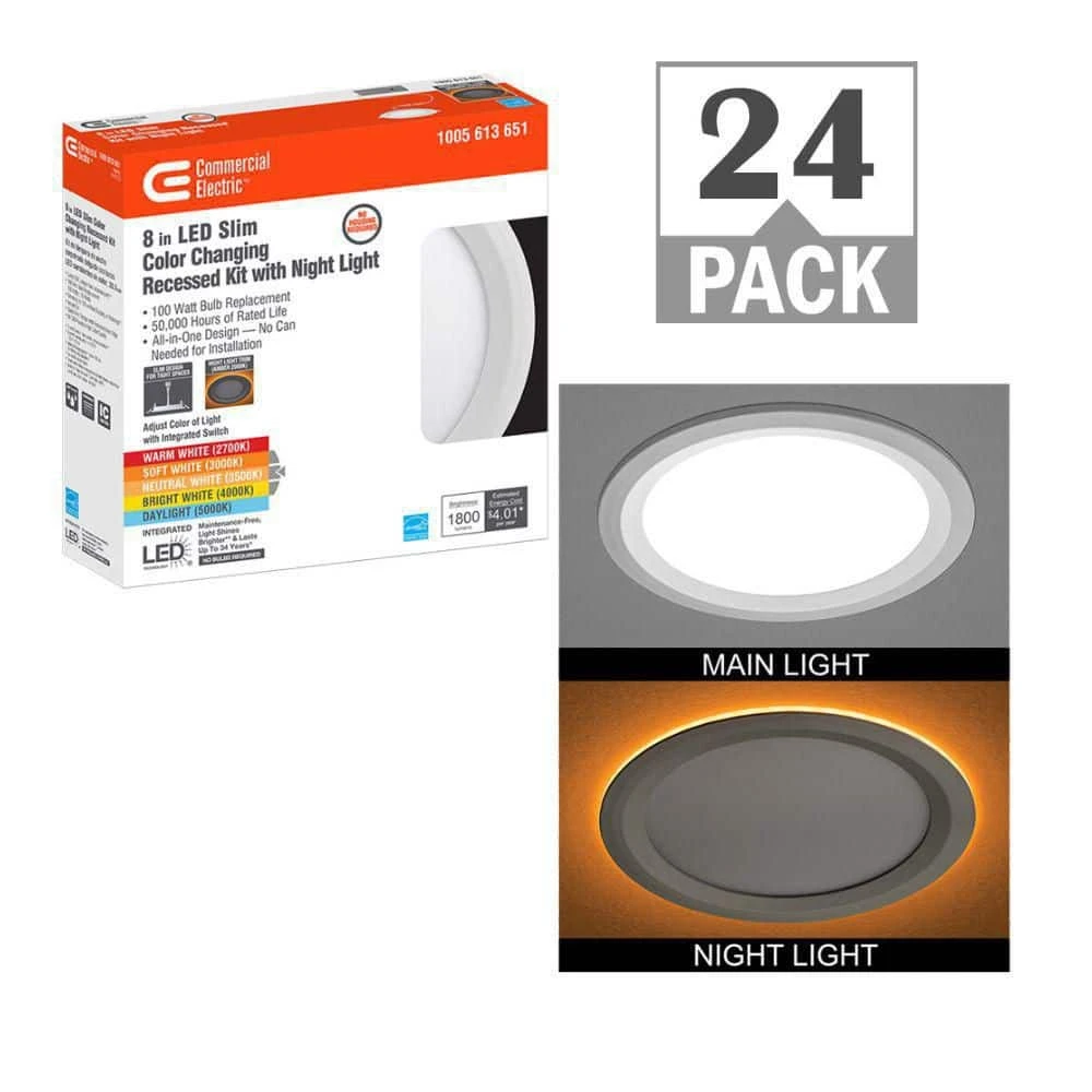 Ultra Slim 8 in. Canless Adjustable Color Temperature Integrated LED Recessed Trim with Night Light (24-Pack) by Commercial Electric