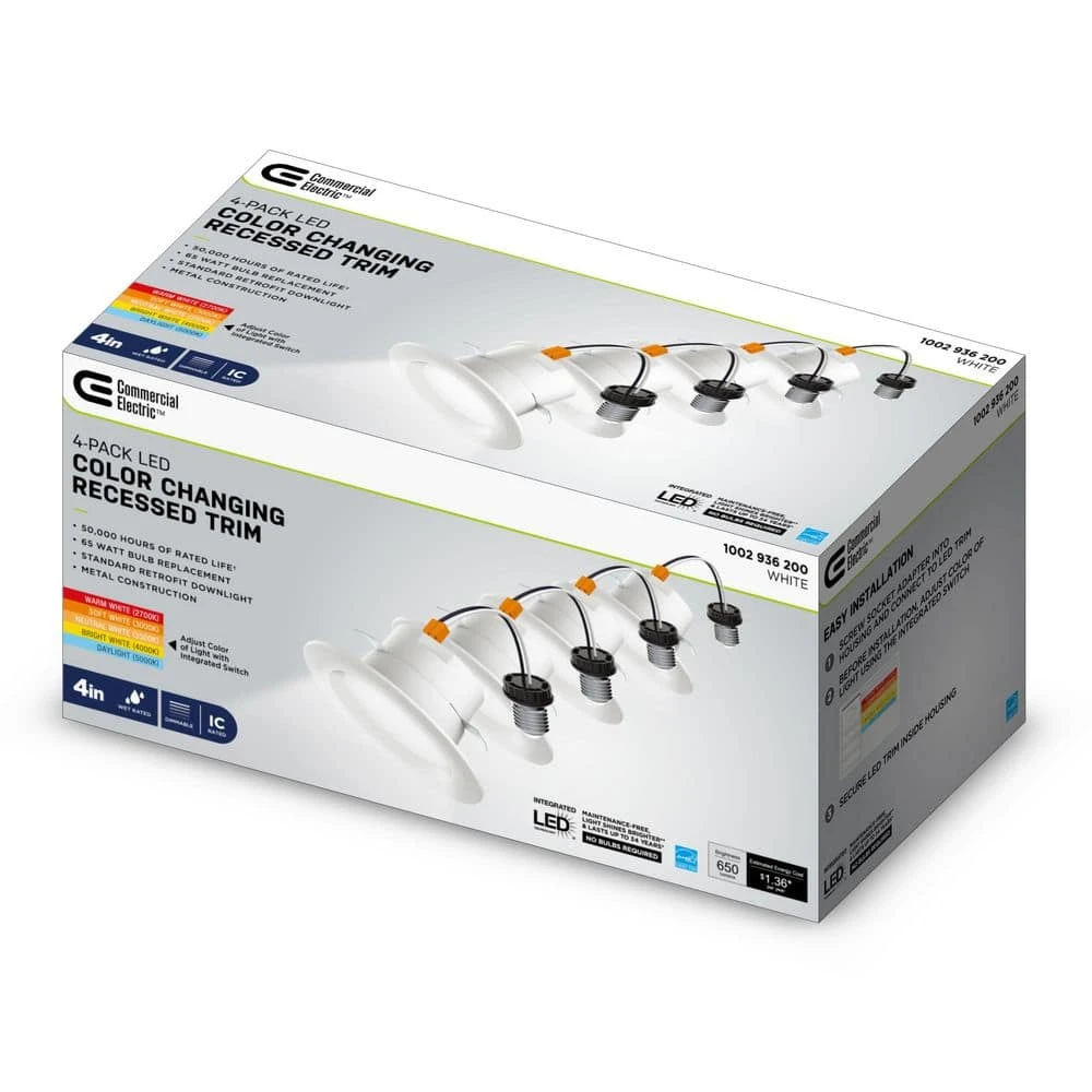 4 in. New Construction or Remodel White Dimmable LED Recessed Trim with Adjustable Color Changing Technology (4-Pack) by Commercial Electric - Image 4