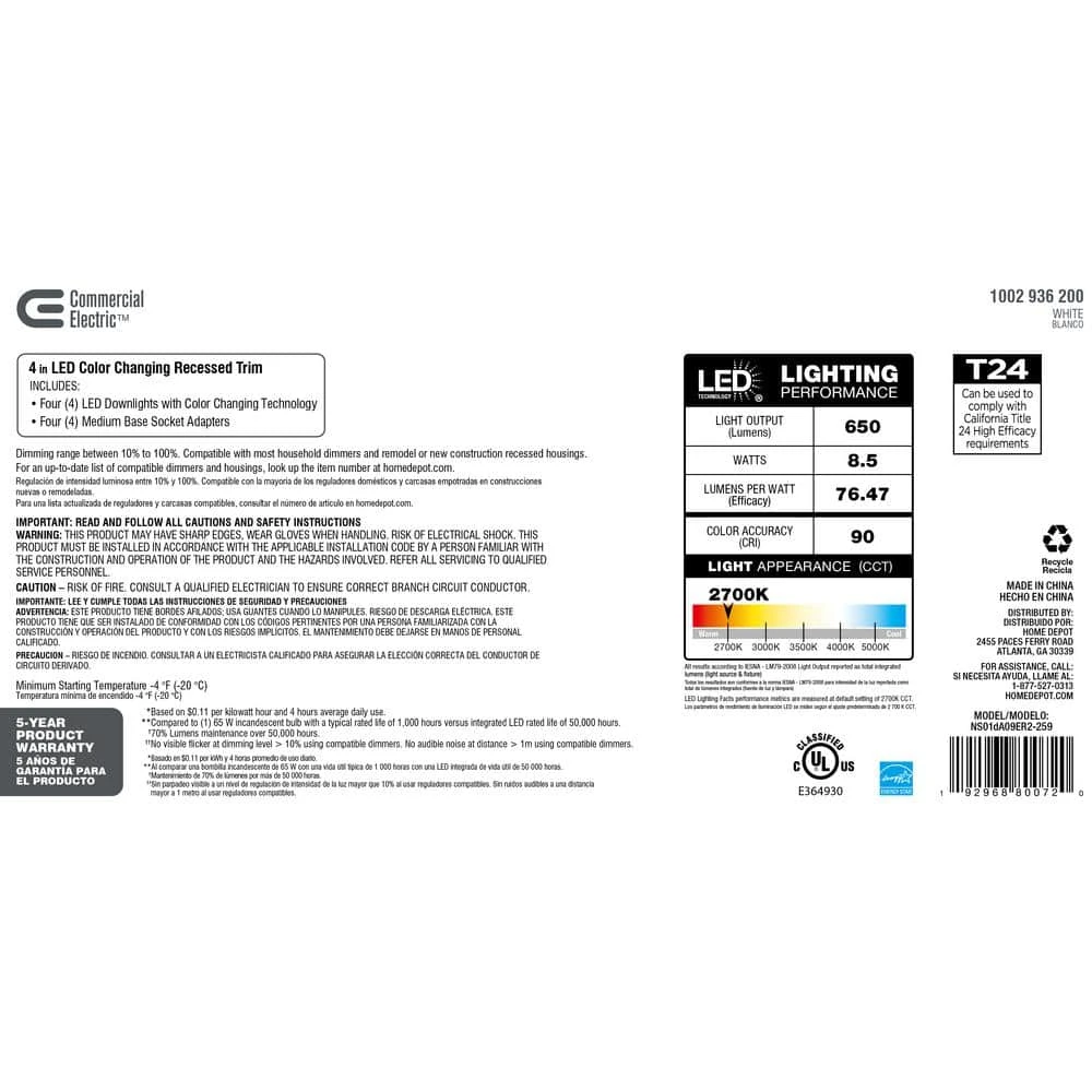 4 in. New Construction or Remodel White Dimmable LED Recessed Trim with Adjustable Color Changing Technology (4-Pack) by Commercial Electric - Image 5