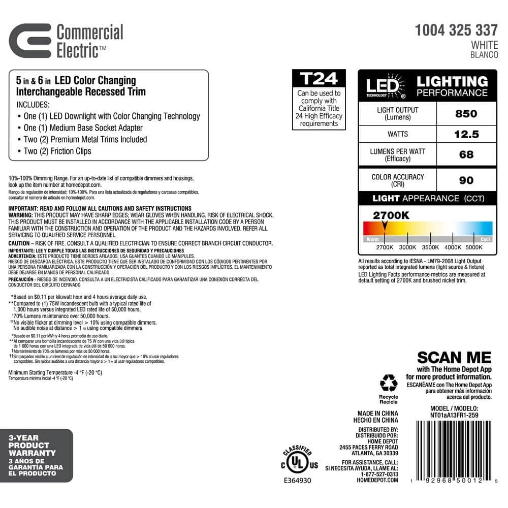 5/6 in. New Construction or Remodel Dimmable LED Recessed Interchangeable Trim with Adjustable Color Changing Technology by Commercial Electric - Image 3