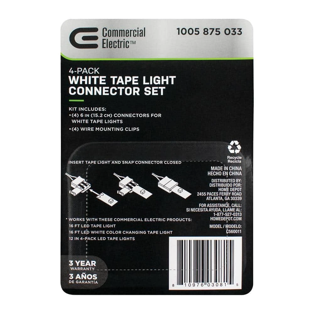 6 in. White Connector Cord LED Strip Light Connector Pack (4 x 6 in. Snap Connectors, 4 Wire Mounting Clips) by Commercial Electric - Image 5