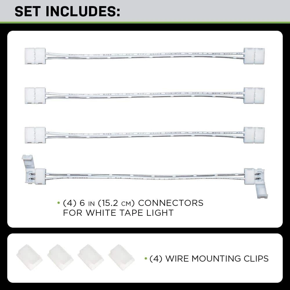 6 in. White Connector Cord LED Strip Light Connector Pack (4 x 6 in. Snap Connectors, 4 Wire Mounting Clips) by Commercial Electric - Image 2