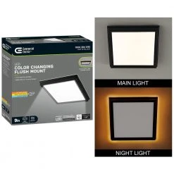 Low Profile 9 in. Matte Black Square LED Flush Mount with Night Light Feature J-Box Compatible Dimmable 900 Lumens by Commercial Electric