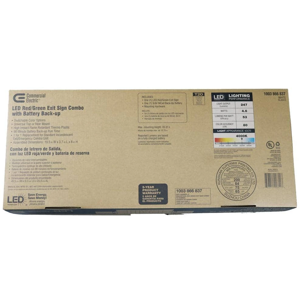 Combo 14-Watt Equivalent Integrated LED White Exit Sign and Emergency Light with Ni-Cad 9.6-Volt Battery by Commercial Electric - Image 8