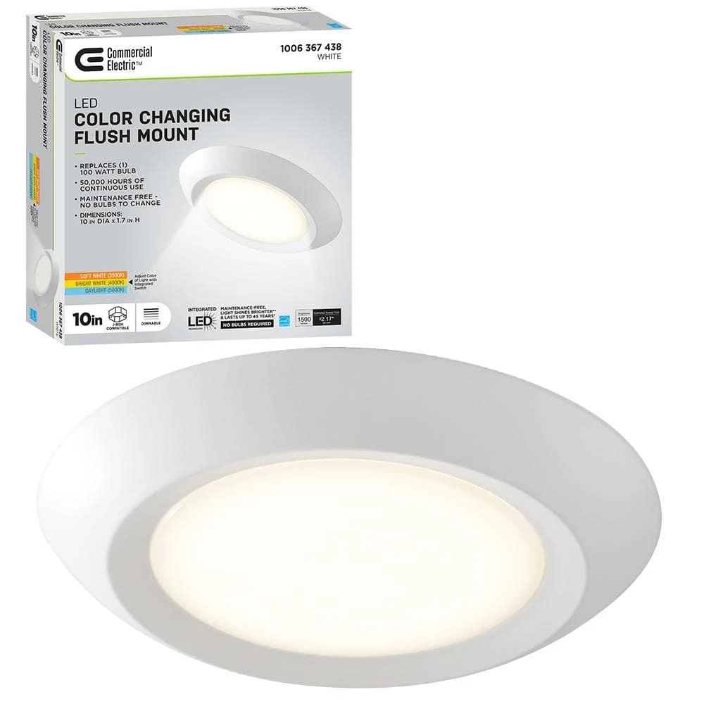 10 in. 18-Watt Color Selectable LED Flush Mount Disk Light J-Box Compatible Dimmable 1500 Lumens by Commercial Electric