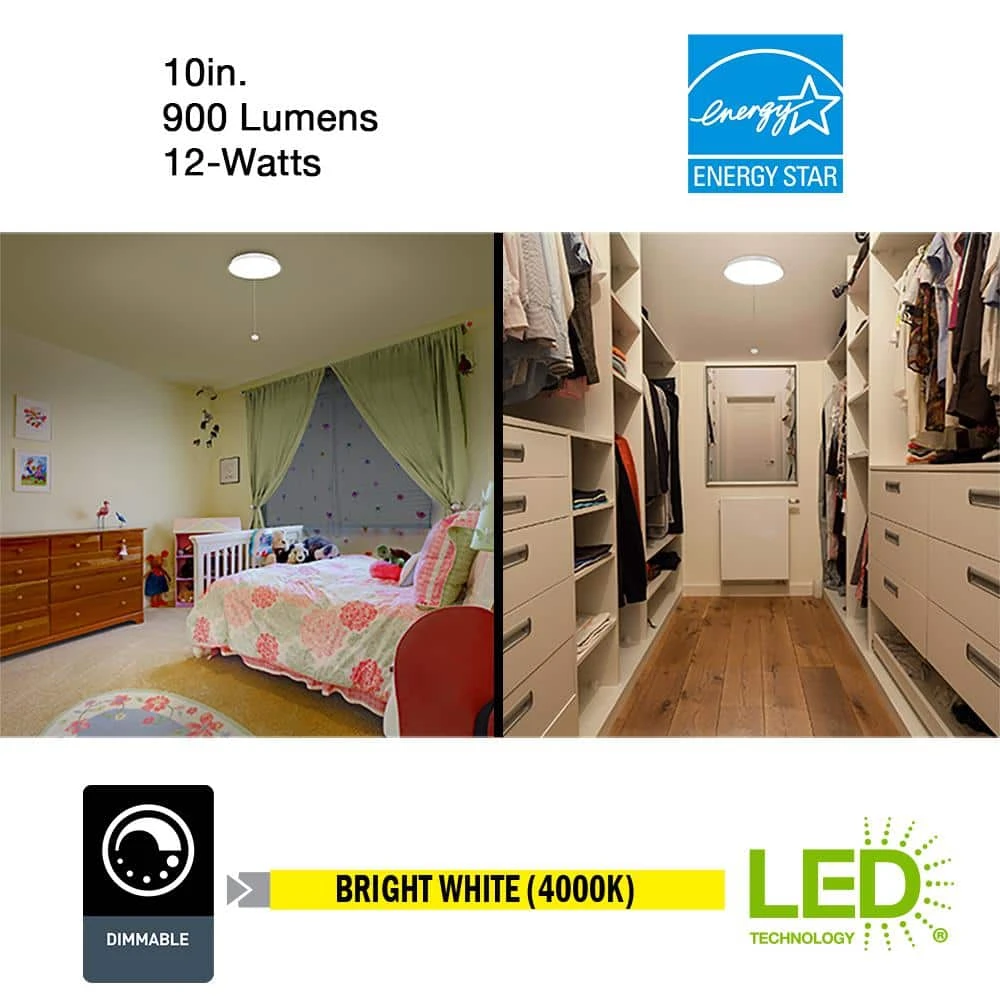 10 in. White Closet Light with Pull Chain LED Flush Mount Ceiling Light 900 Lumens 4000K Bright White by Commercial Electric - Image 3