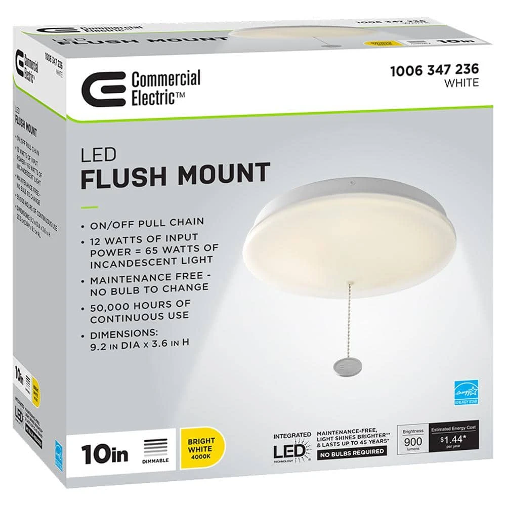 10 in. White Closet Light with Pull Chain LED Flush Mount Ceiling Light 900 Lumens 4000K Bright White by Commercial Electric - Image 8