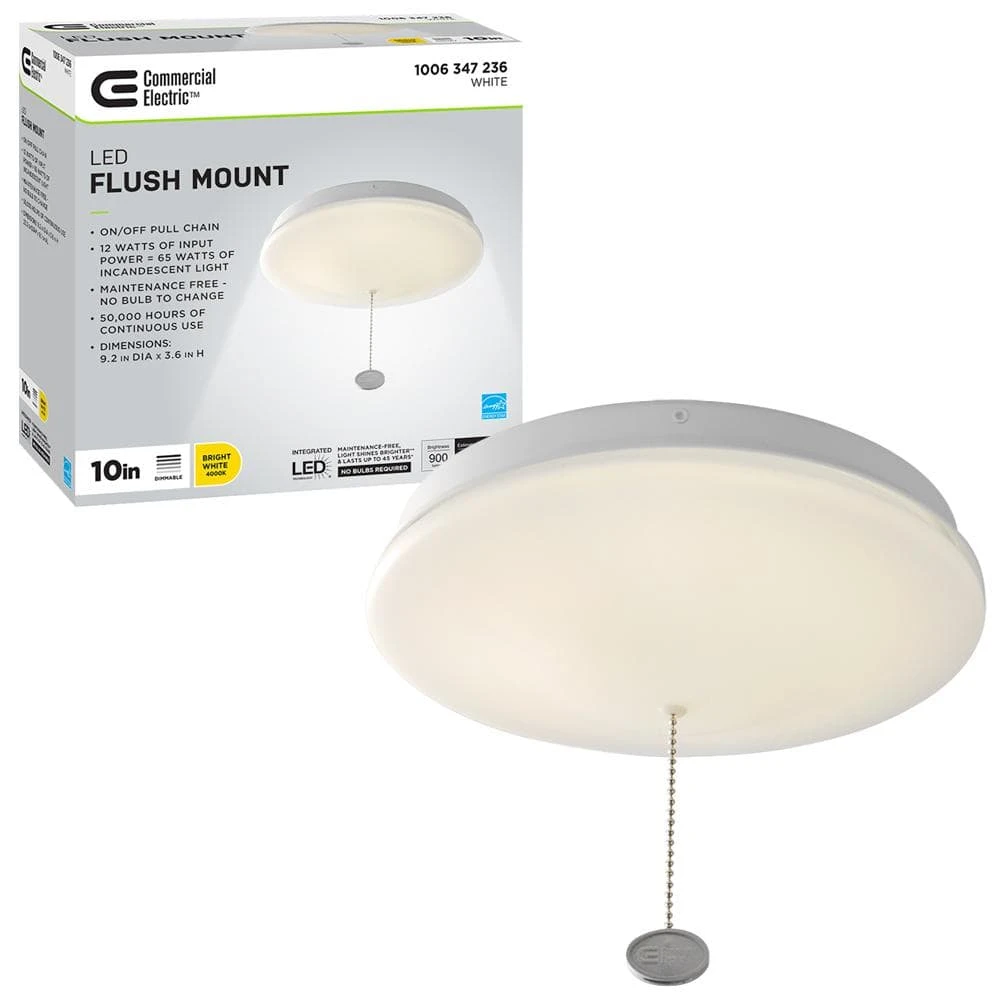 10 in. White Closet Light with Pull Chain LED Flush Mount Ceiling Light 900 Lumens 4000K Bright White by Commercial Electric