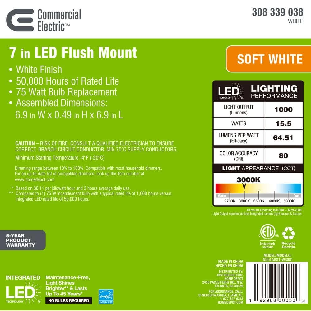 7 in. Square White LED Flush Mount by Commercial Electric - Image 5