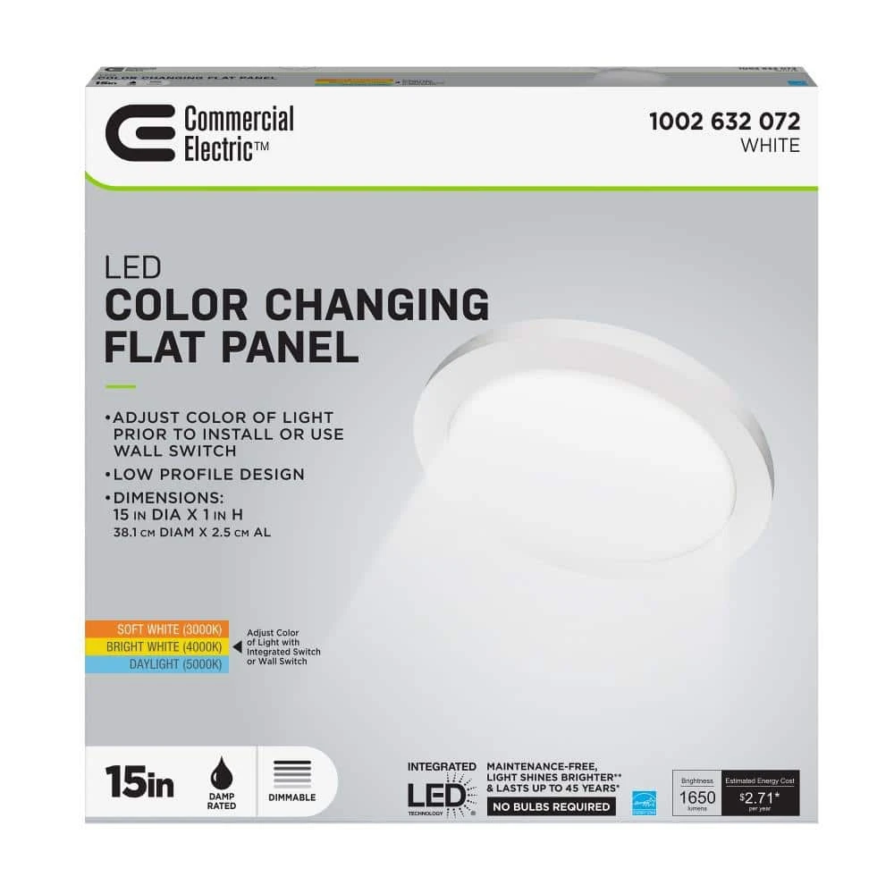 15 in. 22.5-Watt White Integrated LED 1650 Lumens Edge-Lit Round Flat Panel Flush Mount Ceiling Light w/Color Changing by Commercial Electric - Image 3