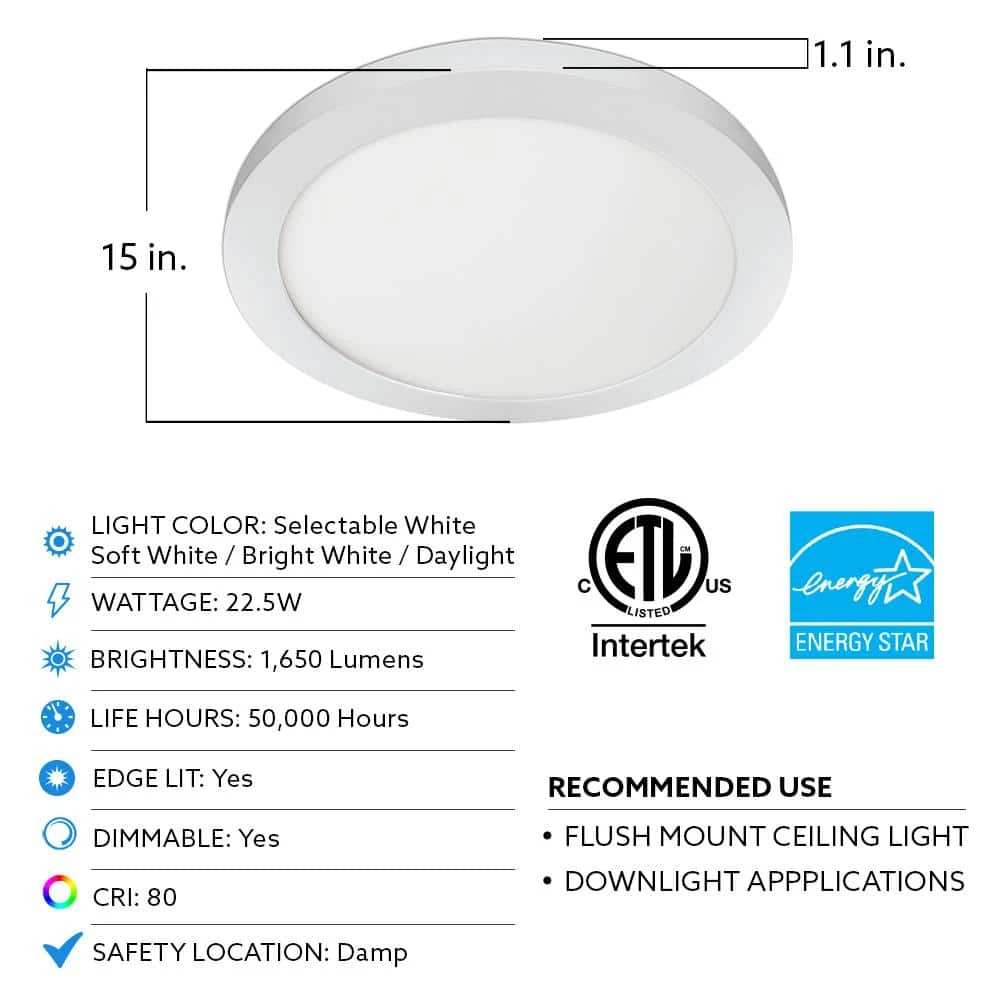 15 in. 22.5-Watt White Integrated LED 1650 Lumens Edge-Lit Round Flat Panel Flush Mount Ceiling Light w/Color Changing by Commercial Electric - Image 2