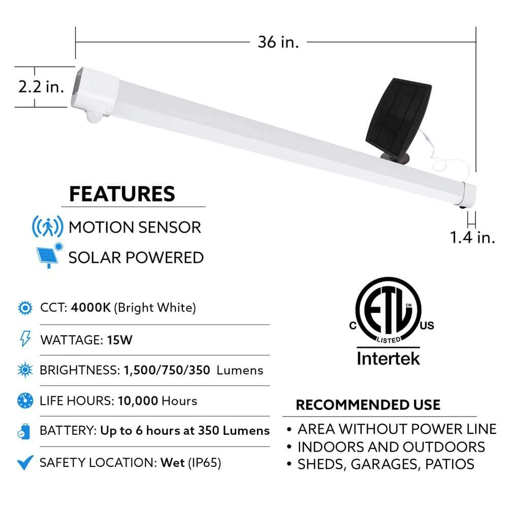 3 ft. 1-Light 6-Watt Equivalent Integrated LED White Shop Light with Solar Panel by Commercial Electric - Image 3