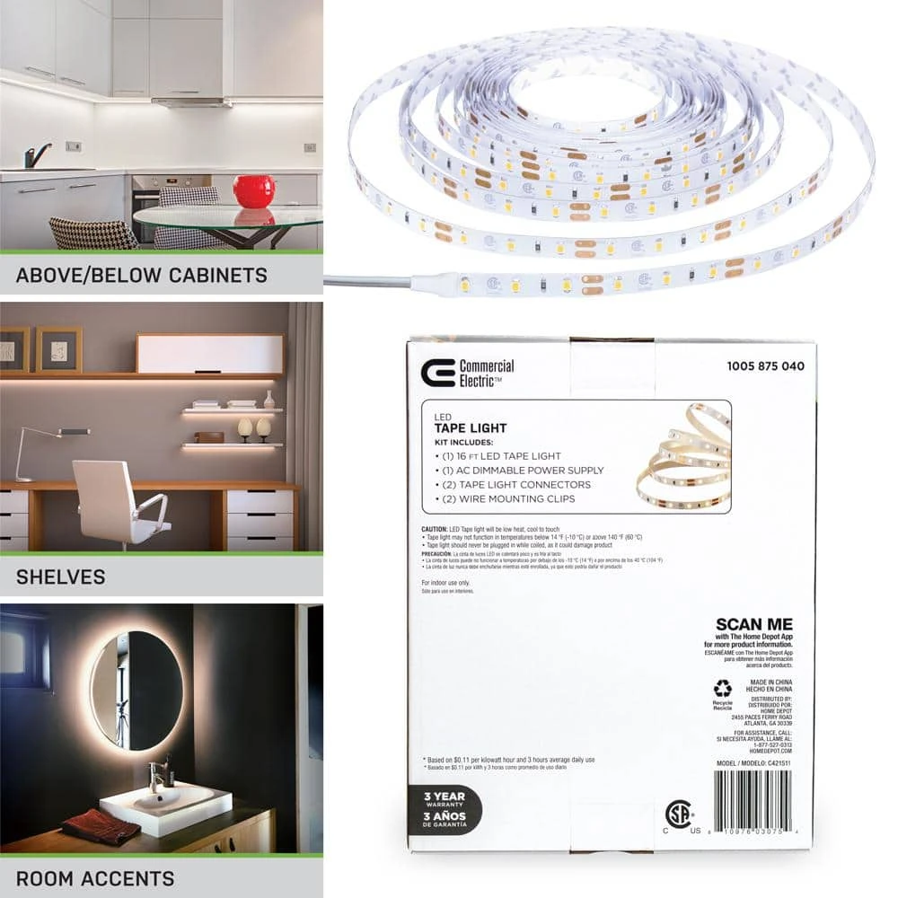 16 ft. LED AC Dimmable White Tape Light Kit Under Cabinet Light by Commercial Electric - Image 5