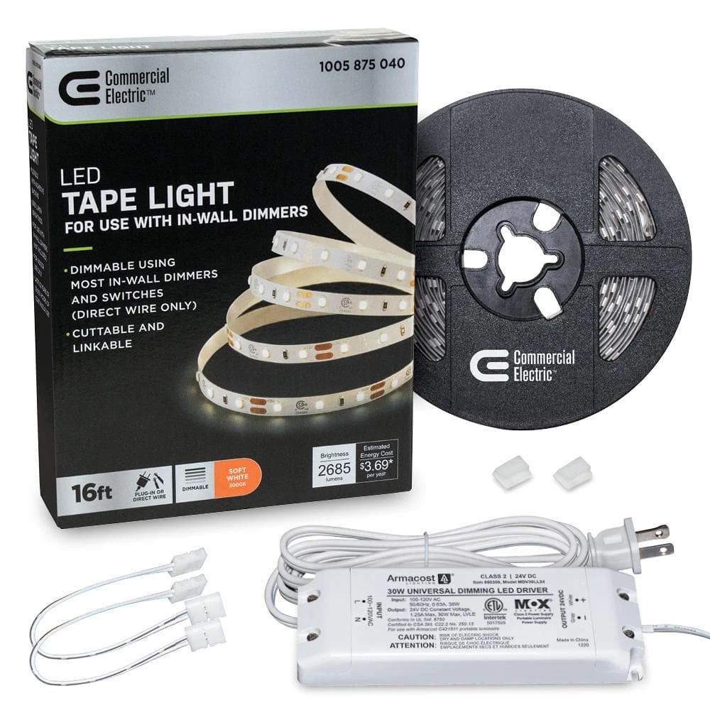 16 ft. LED AC Dimmable White Tape Light Kit Under Cabinet Light by Commercial Electric