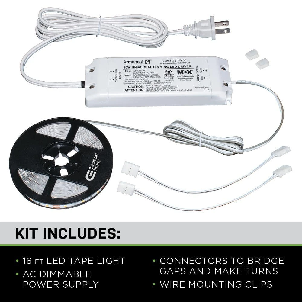 16 ft. LED AC Dimmable White Tape Light Kit Under Cabinet Light by Commercial Electric - Image 2