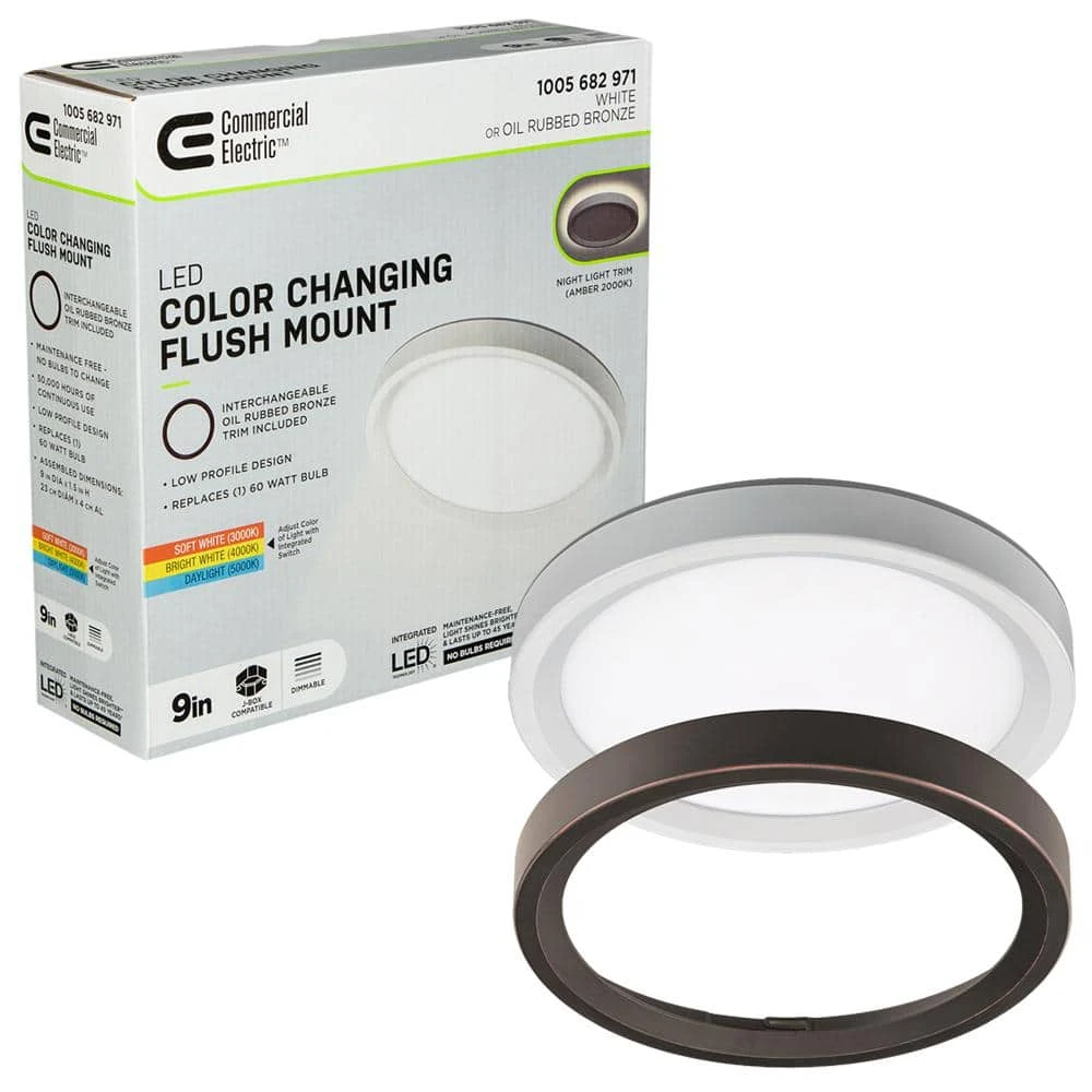 9 inch Color Selectable LED Flush Mount w/ Night Light Feature Optional White and Oil Rubbed Bronze Trim Rings by Commercial Electric